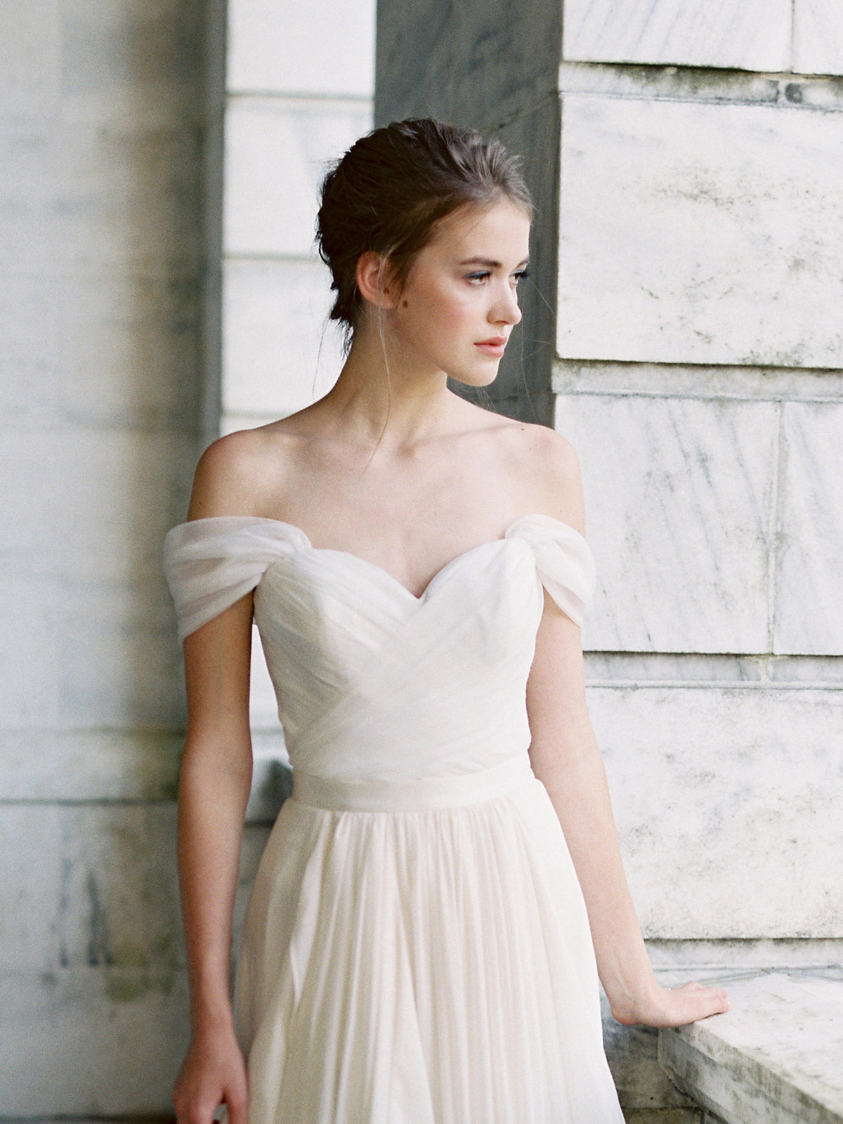 Santorini off shoulder organza bridal corset. Custom made wedding dress with Lace &amp; Liberty