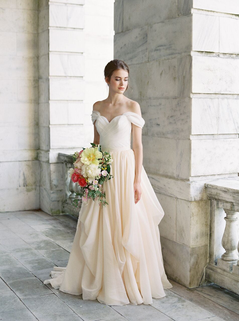 Santorini off shoulder organza bridal corset. Custom made wedding dress with Lace &amp; Liberty