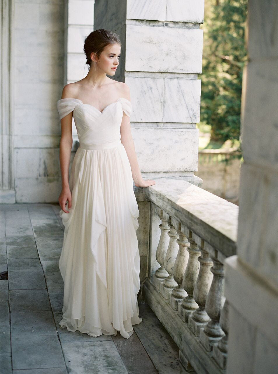 Santorini off shoulder organza bridal corset. Custom made wedding dress with Lace &amp; Liberty