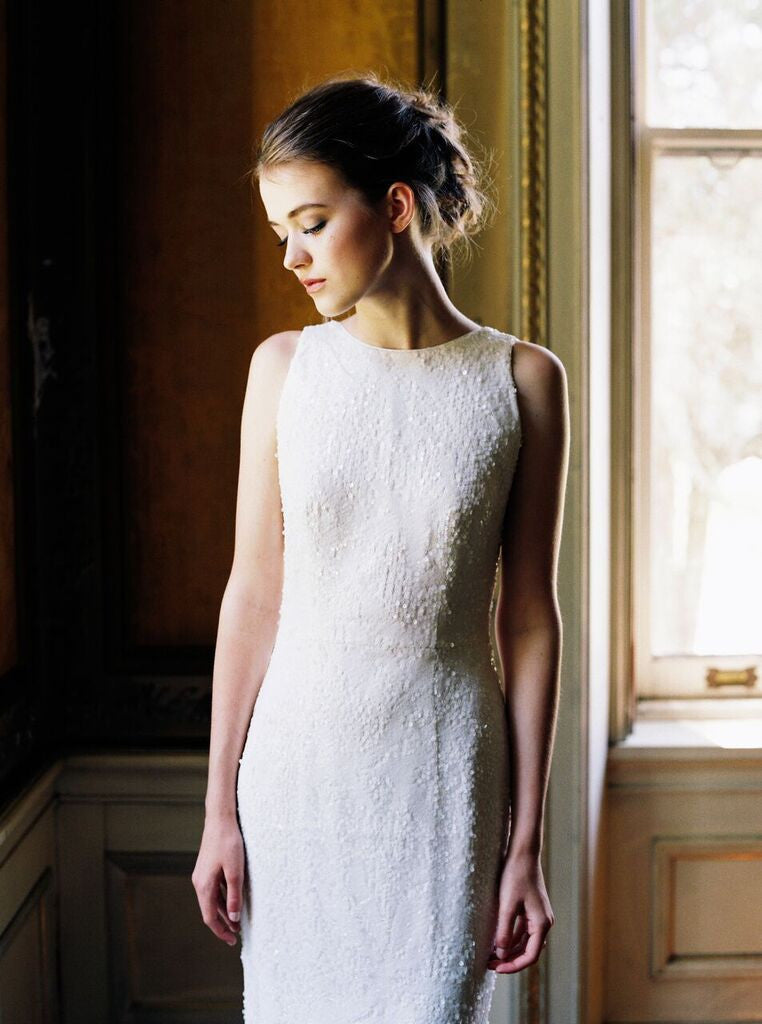 Glamour sequin dress with low back. Custom made wedding dress by Lace &amp; Liberty